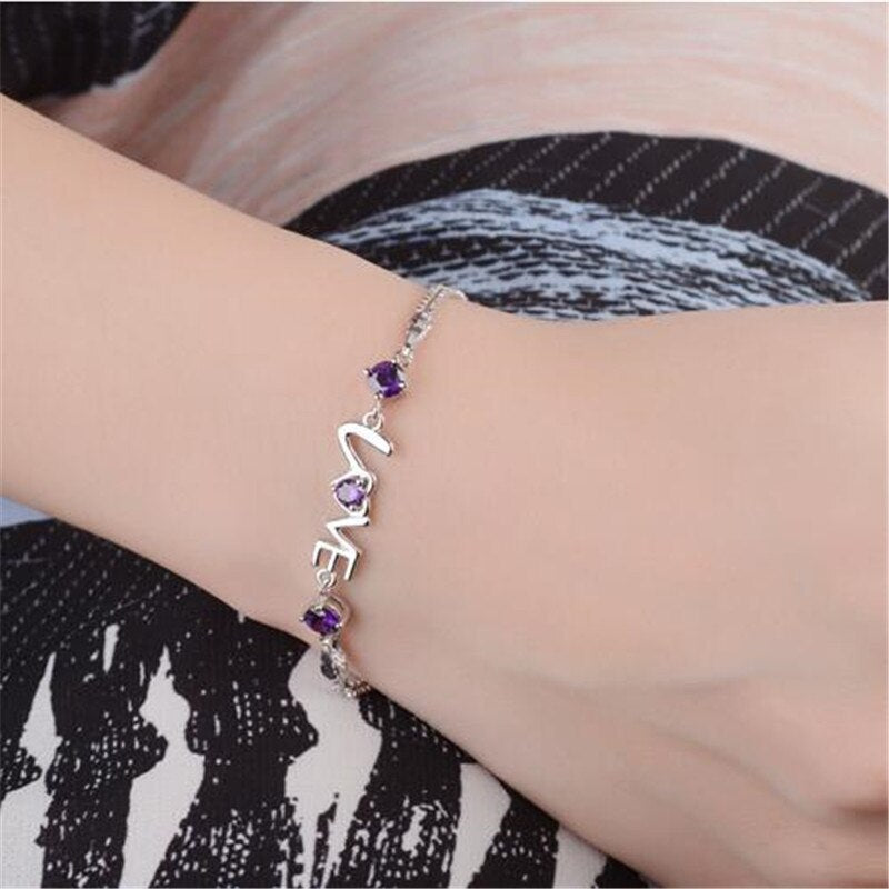 925 Stamp Silver Color Bracelet Heart Love Round Cubic Zirconia Double Chain Linked For Women Charm Bangle Jewelry Christmas