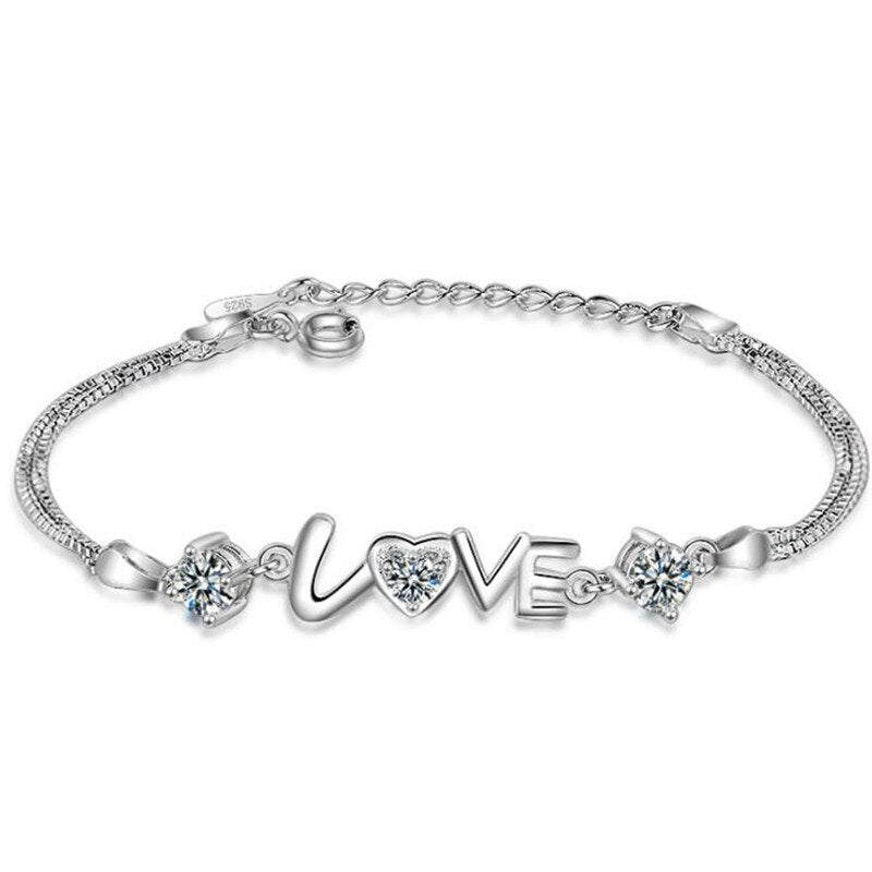 925 Stamp Silver Color Bracelet Heart Love Round Cubic Zirconia Double Chain Linked For Women Charm Bangle Jewelry Christmas