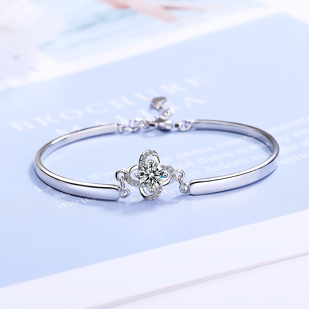 925 Stamp Silver Color Bracelet Lucky Clover Crystal Chain Linked For Women charm bangle Jewelry Gift Pulseira Christmas