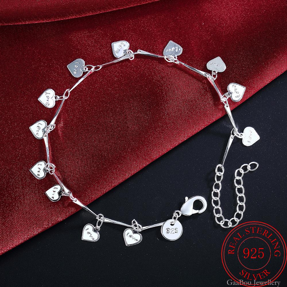 925 Stamp Silver Color Bracelet  Lucky Love Letter Heart Chain Linked For Women Charm Bangle Jewelry Pulseira Christmas