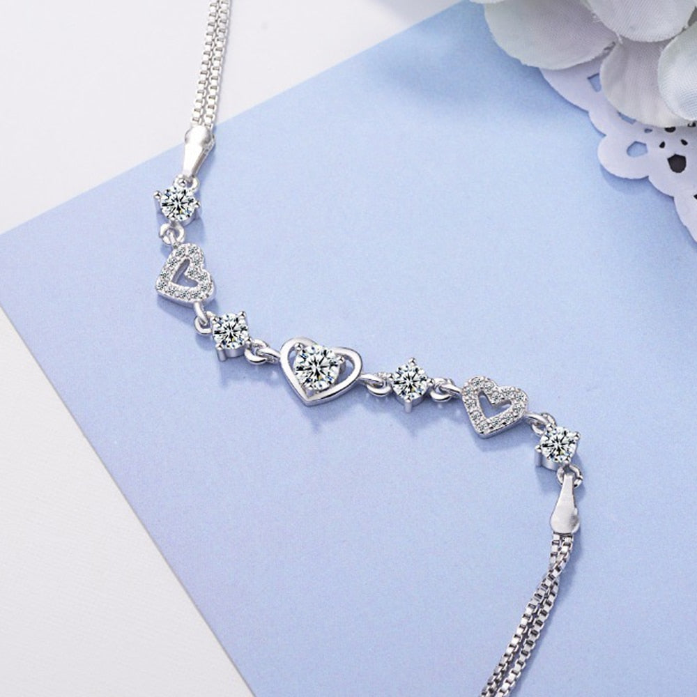 925 Stamp Silver Color Bracelet Rendy Sweet Style Crystal Chain Linked For Women Girl Charm Bangle Jewelry Christmas