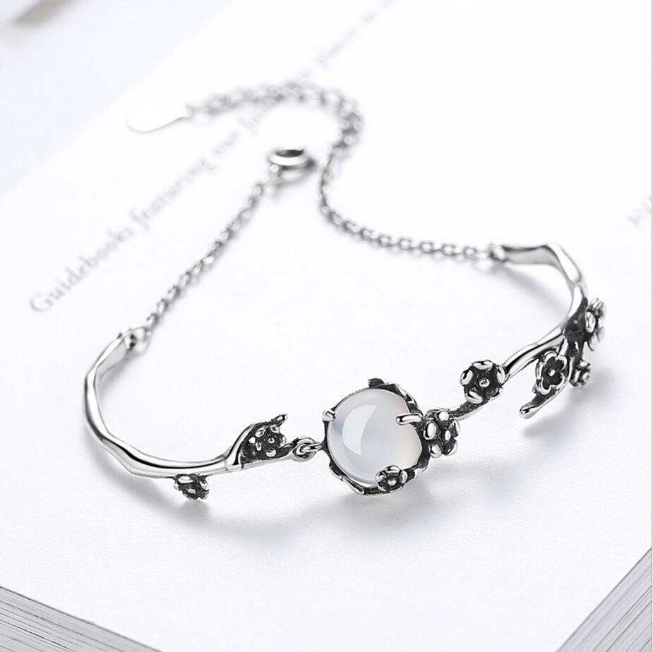 925 Stamp Silver Color Bracelet Vintage Thai Moonlight Stone Plum Flower Chain Linked For Women Bangle Jewelry Christmas
