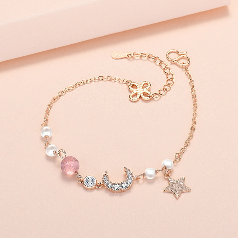 925 Stamp Silver Color Bracelets for Women Retro Four Leaf Clover Charms Crystal Beads Pearl Moon&amp;Star Jewelry Christmas