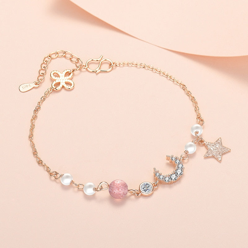 925 Stamp Silver Color Bracelets for Women Retro Four Leaf Clover Charms Crystal Beads Pearl Moon&amp;Star Jewelry Christmas
