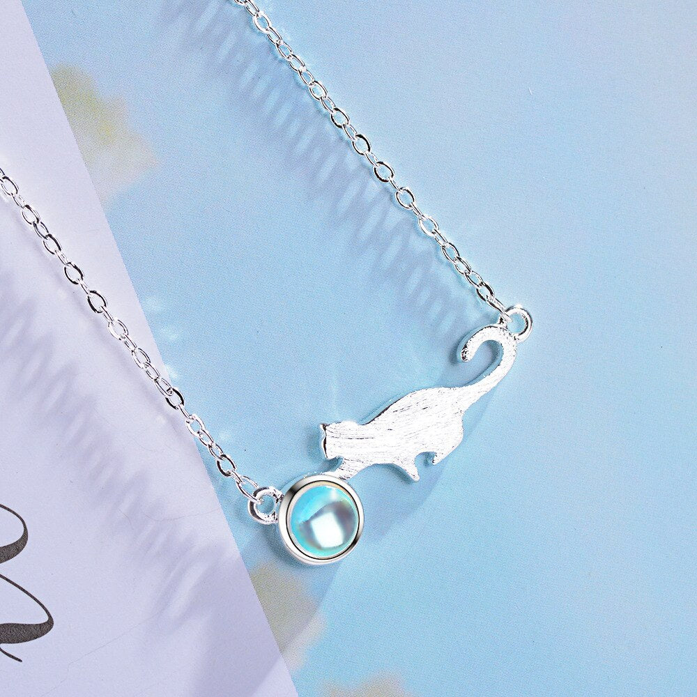925 Stamp Silver Color Cat Moonstone Cute Pendants And Necklaces For Women  Wedding Party Girl Vintage Jewelry 2022 Gift