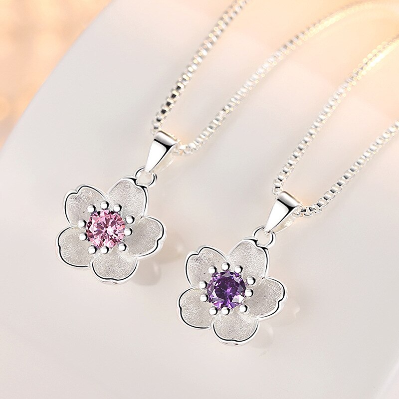 925 Stamp Silver Color Chains And Necklaces For Women Neck Jewelry Charm Pink Purple Peach Blossom Pendant Wedding Birthday