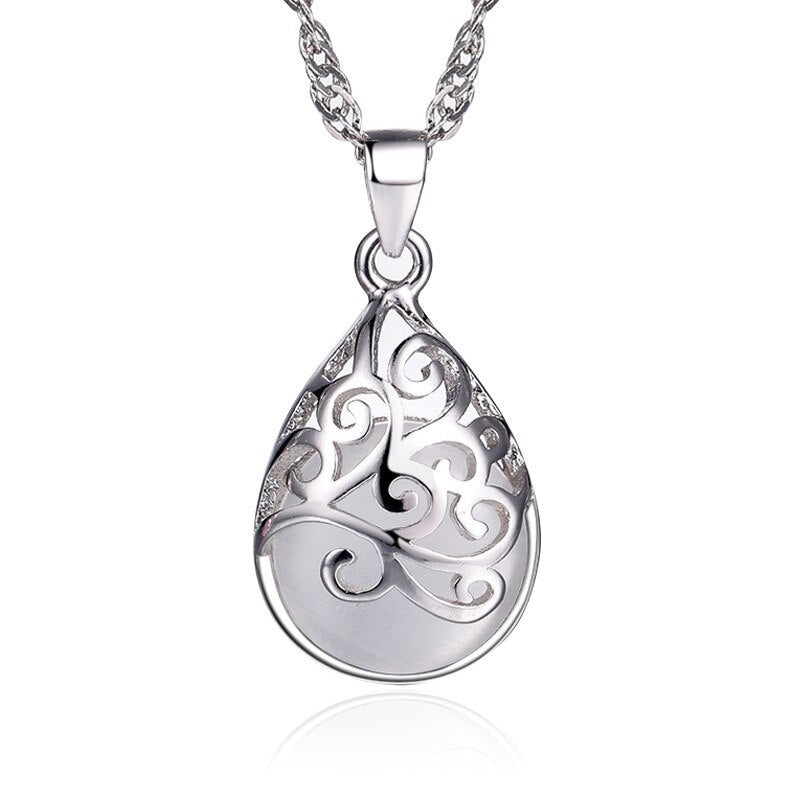 925 Stamp Silver Color Chains And Necklaces For Women Neck Jewelry Moonstone Water Drop Beads Pendant Wedding Party