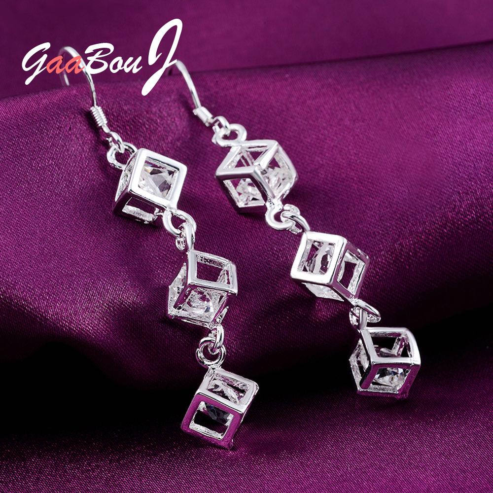 925 Stamp Silver Color Cube Zircon Long Hanging Earring Wedding Dangle Earing For Women  Vintage Christmas Jewelry