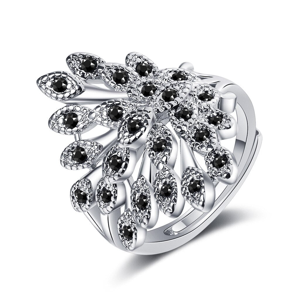 925 Stamp Silver Color Diamond Peacock Open Screen Adjustable Open Finger Rings For Women Girls Wedding Anelli Party Jewelry
