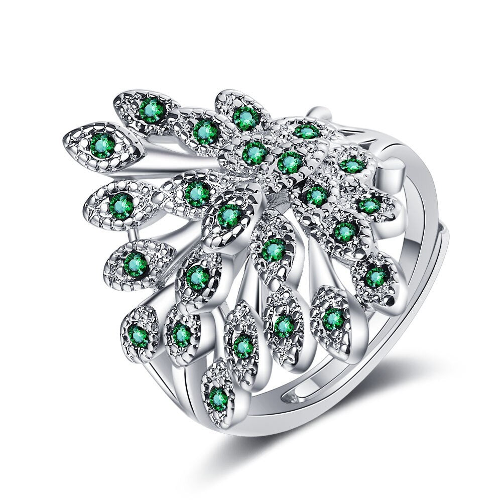 925 Stamp Silver Color Diamond Peacock Open Screen Adjustable Open Finger Rings For Women Girls Wedding Anelli Party Jewelry