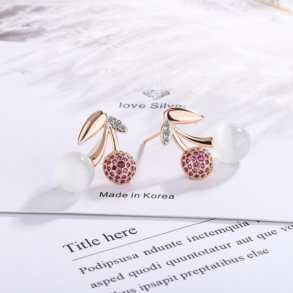 925 Stamp Silver Color Earrings Small Cherry Crystals Stud Earring For Women Designer Party  Quality Jewelry Accessories