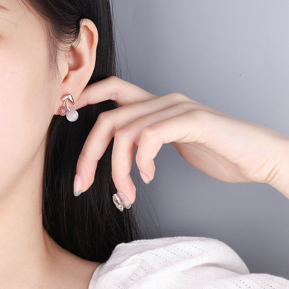 925 Stamp Silver Color Earrings Small Cherry Crystals Stud Earring For Women Designer Party  Quality Jewelry Accessories