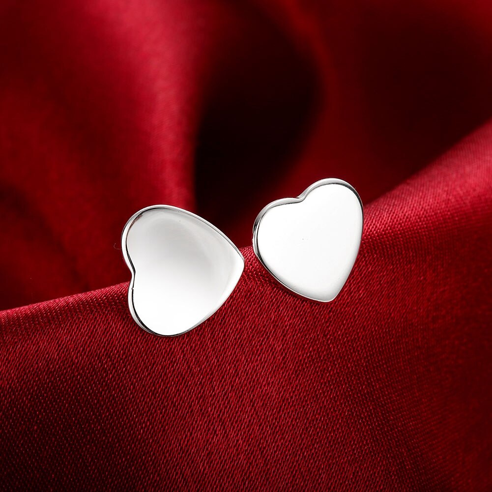 925 Stamp Silver Color Earrings heart Ear Stud Womens  Party Jewelry Love Gift Christmas