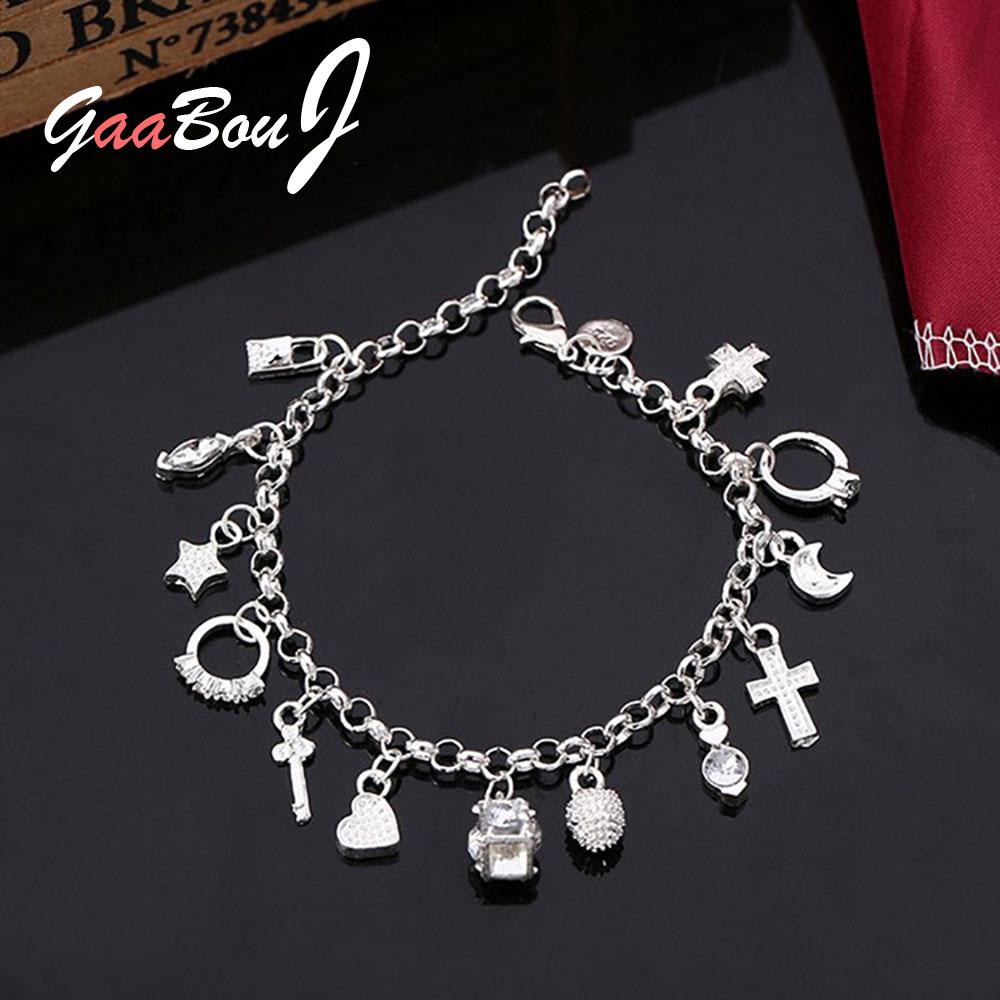 925 Stamp Silver Color 13pcs Pendant Chain Charm Bracelet for Women Girls Lady Gift Women Fine Jewelry Christmas