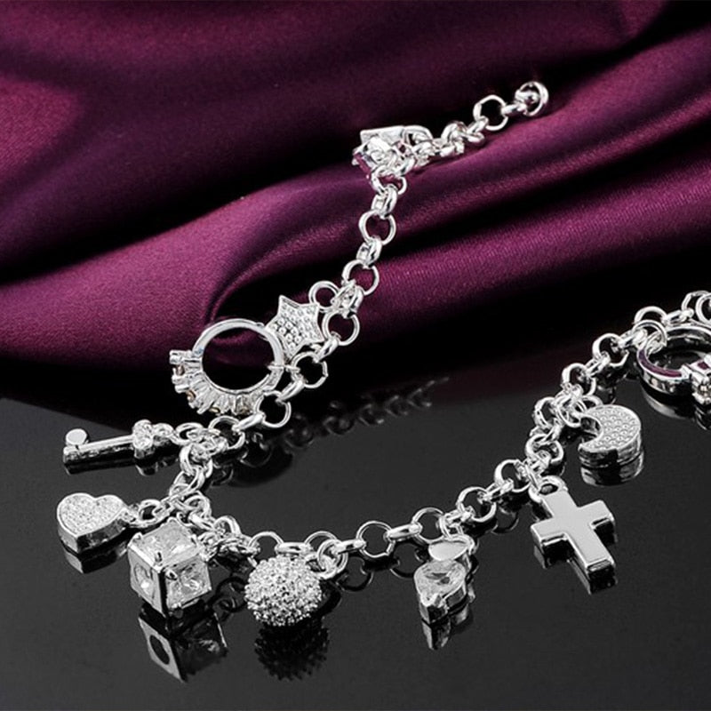 925 Stamp Silver Color 13pcs Pendant Chain Charm Bracelet for Women Girls Lady Gift Women Fine Jewelry Christmas