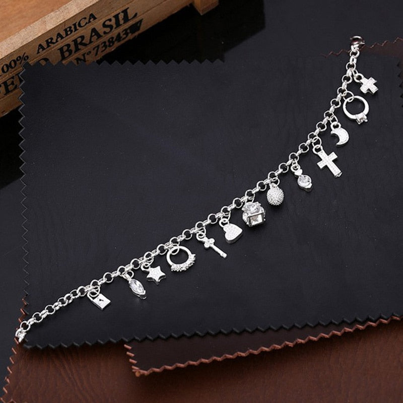 925 Stamp Silver Color 13pcs Pendant Chain Charm Bracelet for Women Girls Lady Gift Women Fine Jewelry Christmas