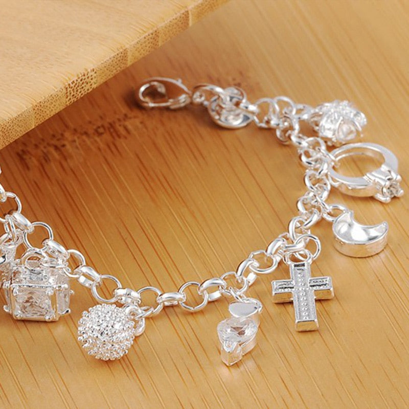 925 Stamp Silver Color 13pcs Pendant Chain Charm Bracelet for Women Girls Lady Gift Women Fine Jewelry Christmas