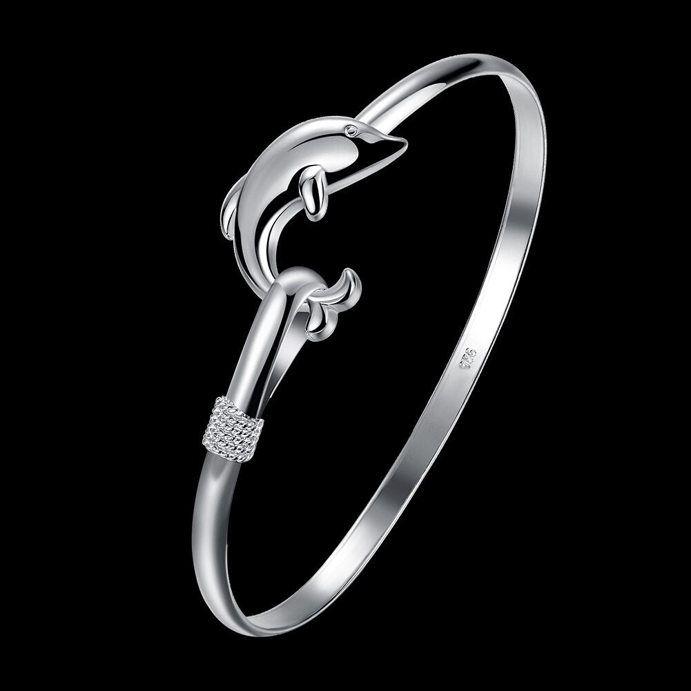 925 Stamp Silver Color Animal Dolphin  Bracelet Bangles For Women Wedding Party Jewelry Female Christmas GaaBou
