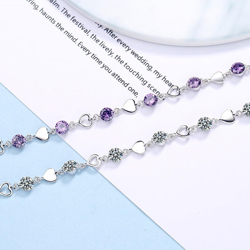 925 Stamp Silver Color Bracelet Love Heart Zirconia Chain Linked For Women charm Cuff bangle Jewelry Gift Christmas