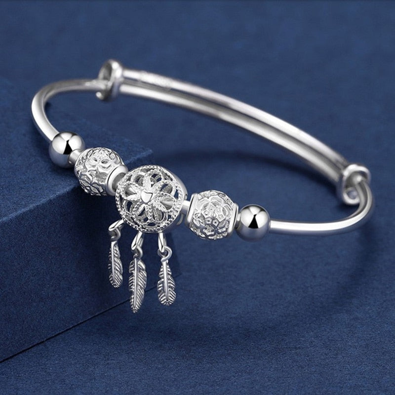 925 Stamp Silver Color Feather Hollow Ball Bracelets For Women  Lucky Bangles Wedding Party Jewelry Female Christmas Gift