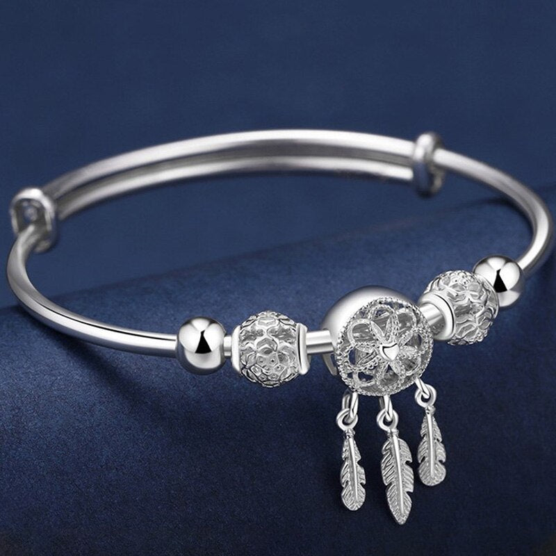 925 Stamp Silver Color Feather Hollow Ball Bracelets For Women  Lucky Bangles Wedding Party Jewelry Female Christmas Gift