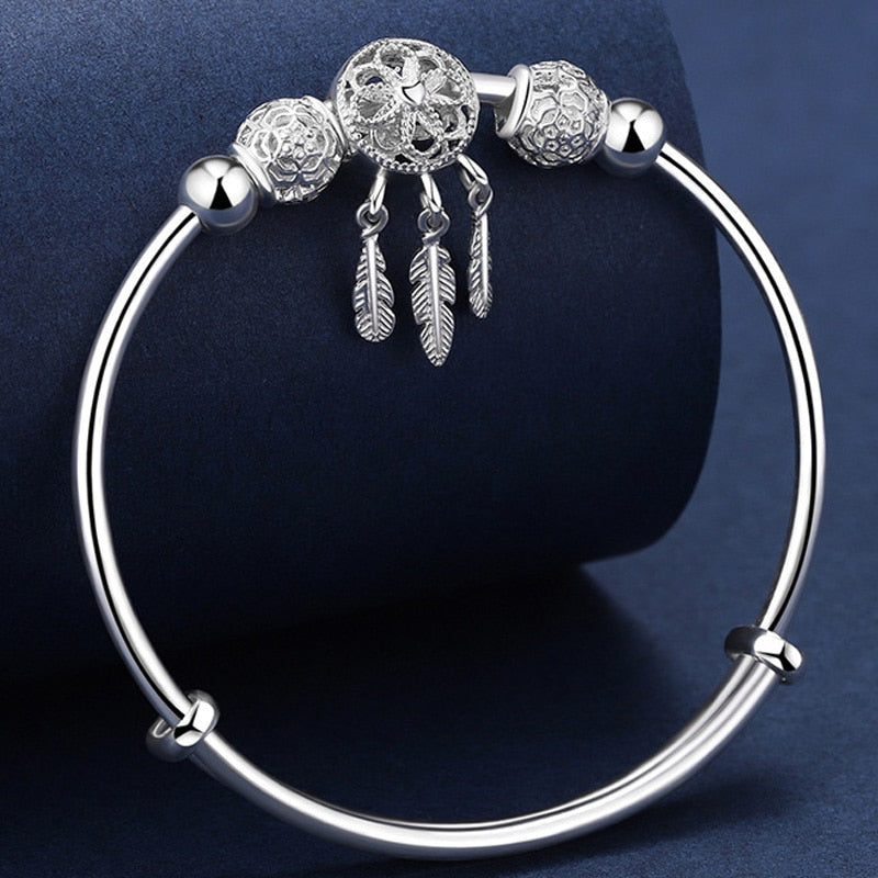 925 Stamp Silver Color Feather Hollow Ball Bracelets For Women  Lucky Bangles Wedding Party Jewelry Female Christmas Gift