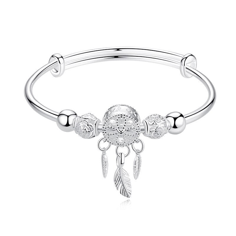 925 Stamp Silver Color Feather Hollow Ball Bracelets For Women  Lucky Bangles Wedding Party Jewelry Female Christmas Gift