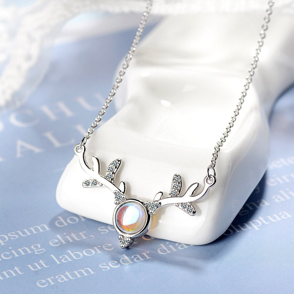 925 Stamp Silver Color Female Antlers Moonstone Crystal Pendants And Necklaces For Women Wedding Party Jewelry 2022 Gifts GaaBou