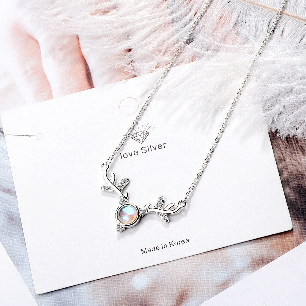 925 Stamp Silver Color Female Antlers Moonstone Crystal Pendants And Necklaces For Women Wedding Party Jewelry 2022 Gifts GaaBou
