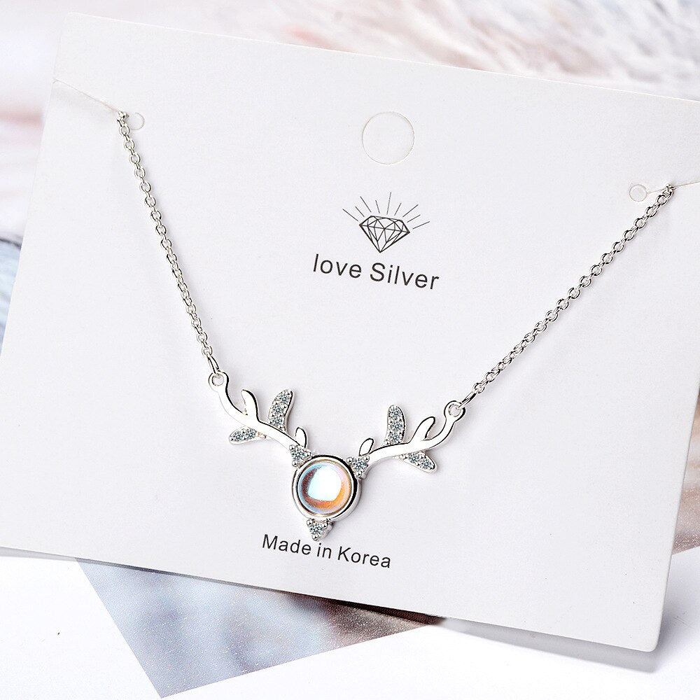 925 Stamp Silver Color Female Antlers Moonstone Crystal Pendants And Necklaces For Women Wedding Party Jewelry 2022 Gifts GaaBou
