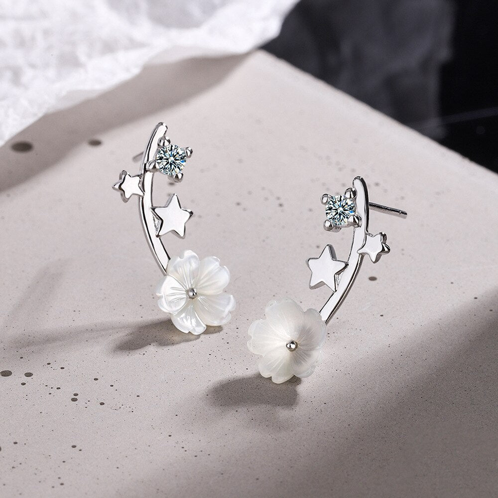 925 Stamp Silver Color Flower Stud Earrings For Women Star Zircon Earrings Korea  Wedding Jewelry Gift GaaBou