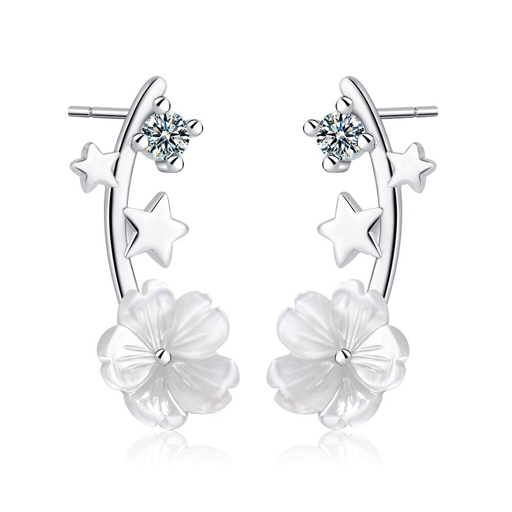 925 Stamp Silver Color Flower Stud Earrings For Women Star Zircon Earrings Korea  Wedding Jewelry Gift GaaBou