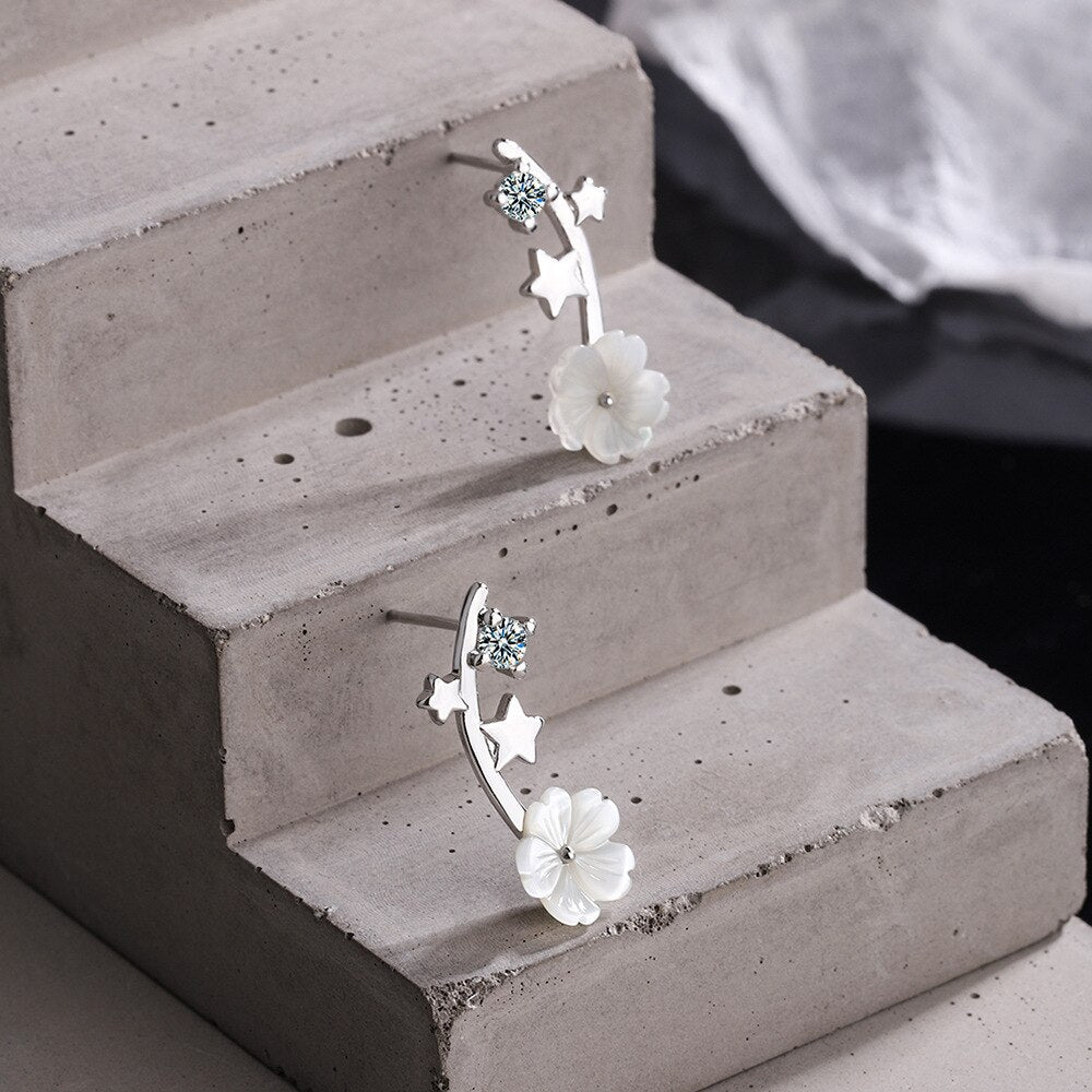925 Stamp Silver Color Flower Stud Earrings For Women Star Zircon Earrings Korea  Wedding Jewelry Gift GaaBou