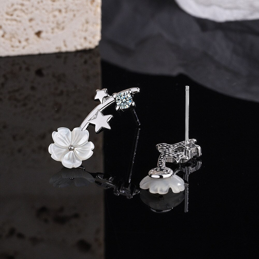 925 Stamp Silver Color Flower Stud Earrings For Women Star Zircon Earrings Korea  Wedding Jewelry Gift GaaBou