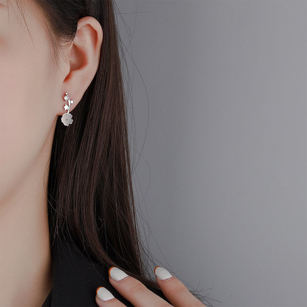 925 Stamp Silver Color Flower Stud Earrings For Women Star Zircon Earrings Korea  Wedding Jewelry Gift GaaBou