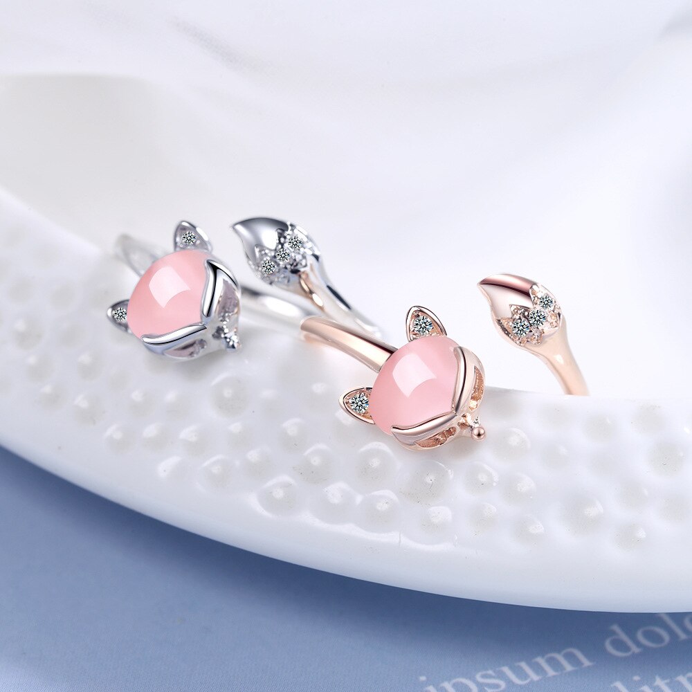 925 Stamp Silver Color Fox Zircon Adjustable Open Finger Rings For Women Girls Wedding Dorpshipping Anelli Fine Party Jewelry