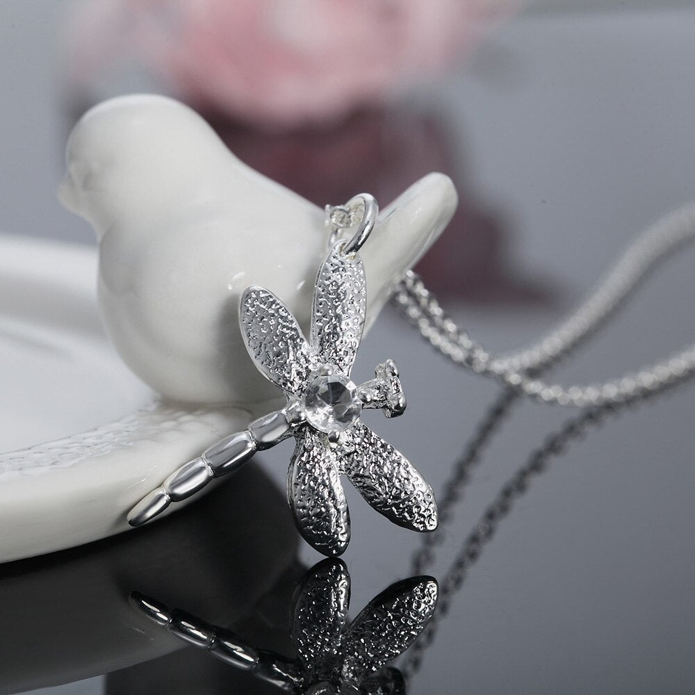 925 Stamp Silver Color Frame Dragonfly Zircon Pendants And Necklaces For Women Charm Wedding Party Jewelry Gift