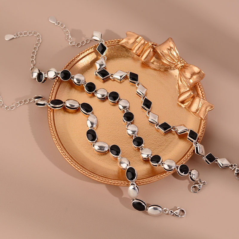 925 Stamp Silver Color Geometry Bracelet For Women Square Round Chain Bangles Fine  Charms Jewelry Accessories Christmas