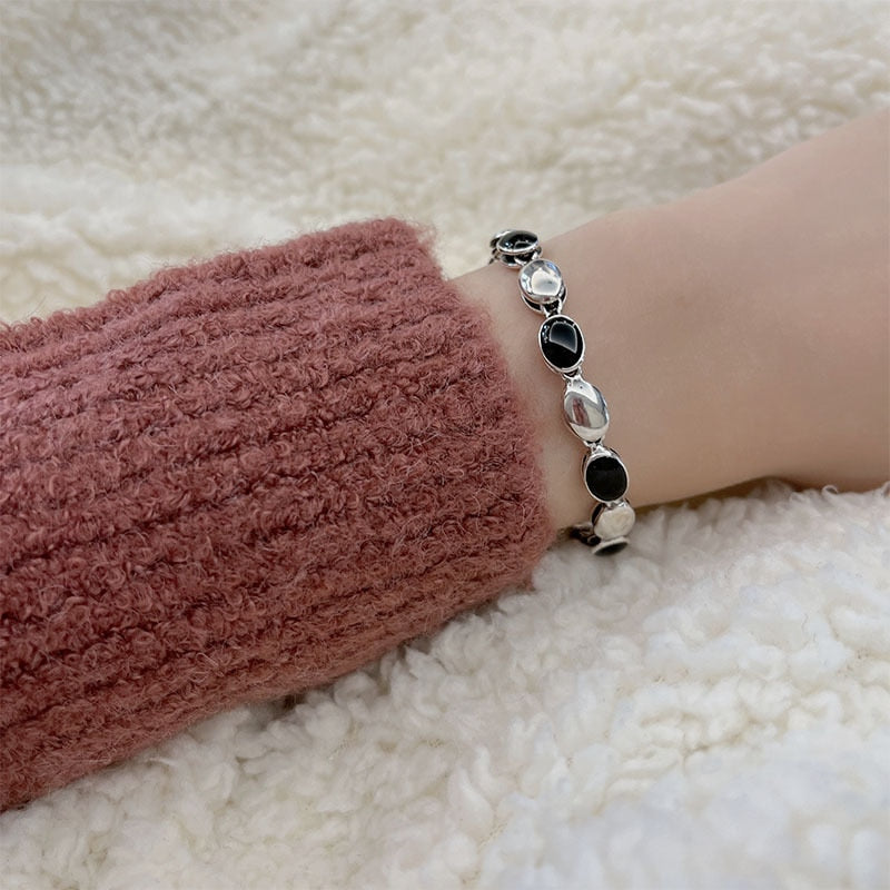 925 Stamp Silver Color Geometry Bracelet For Women Square Round Chain Bangles Fine  Charms Jewelry Accessories Christmas