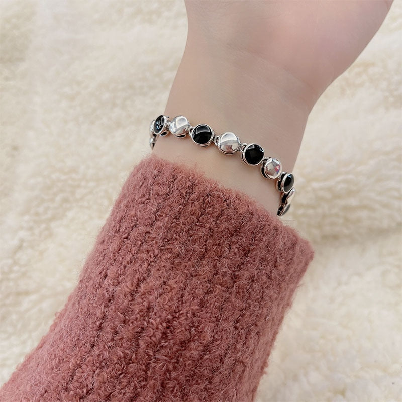 925 Stamp Silver Color Geometry Bracelet For Women Square Round Chain Bangles Fine  Charms Jewelry Accessories Christmas