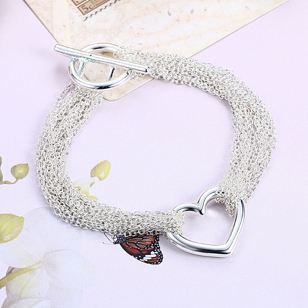 925 Stamp Silver Color Heart Bracelets For Women Tassels Chain Bangles Engagement Wedding Party Jewelry GaaBou Christmas