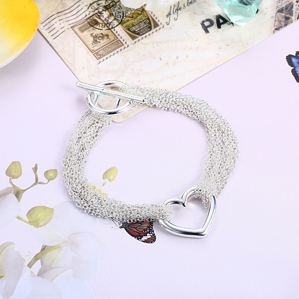 925 Stamp Silver Color Heart Bracelets For Women Tassels Chain Bangles Engagement Wedding Party Jewelry GaaBou Christmas