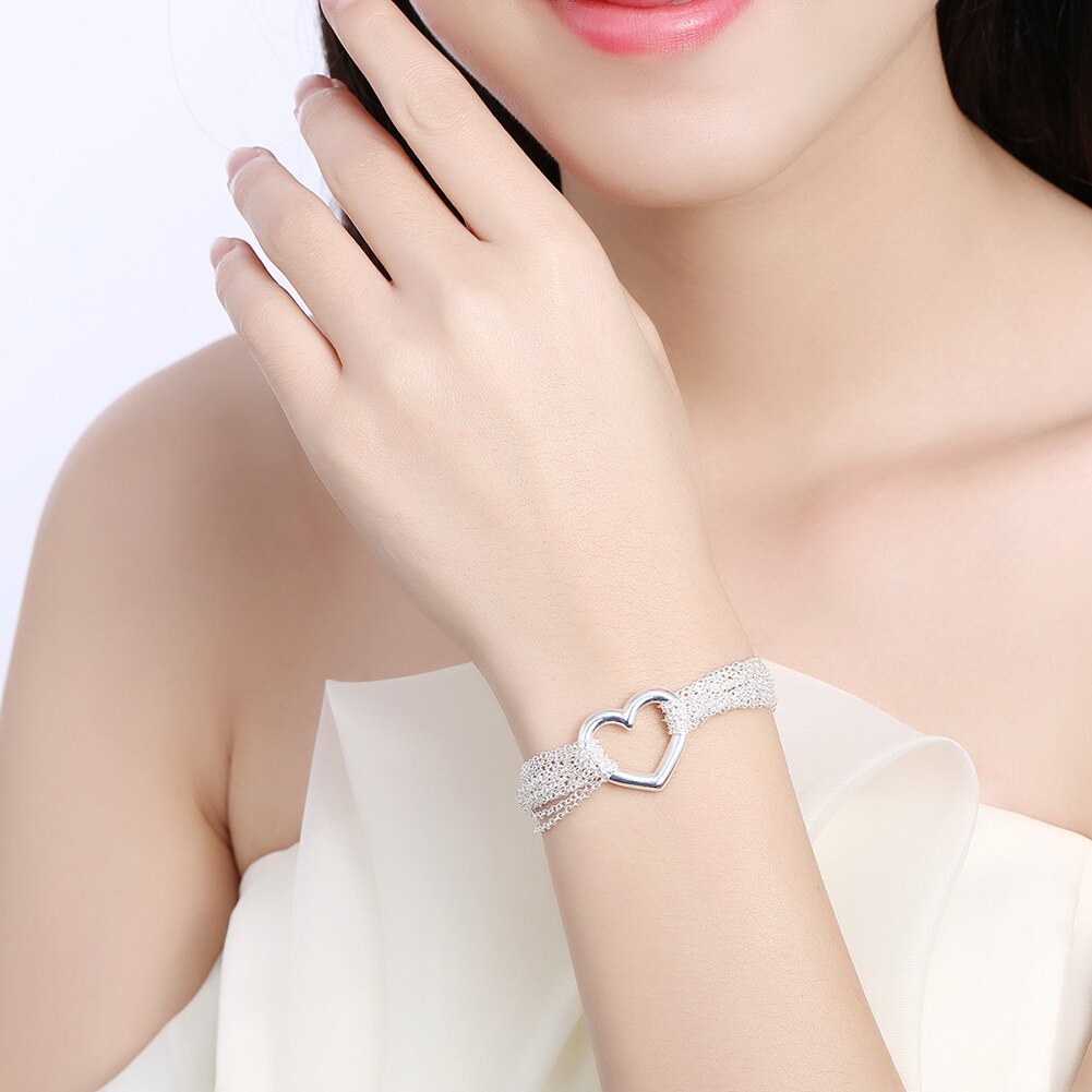925 Stamp Silver Color Heart Bracelets For Women Tassels Chain Bangles Engagement Wedding Party Jewelry GaaBou Christmas