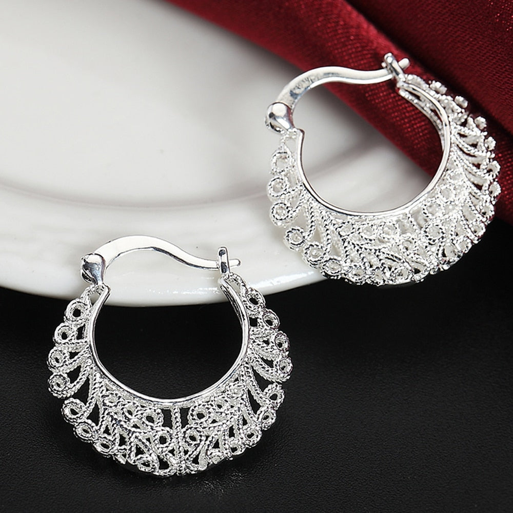 925 Stamp Silver Color Hollow Flower Hoop Earrings For Women Trend Wedding Vintage  Christmas Jewelry 2022 GaaBou