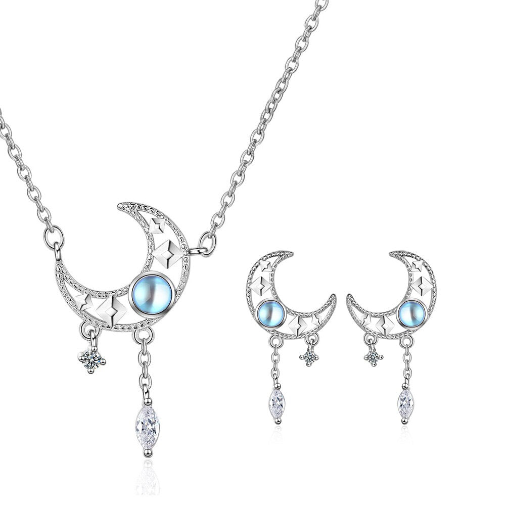 925 Stamp Silver Color Jewelry Set Moon Stud Earrings For Women Wedding Necklaces Crystal Elegant Party Girl Gift