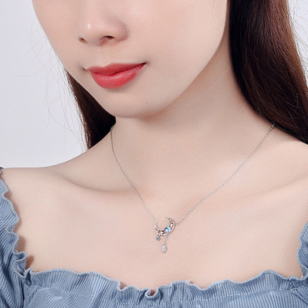 925 Stamp Silver Color Jewelry Set Moon Stud Earrings For Women Wedding Necklaces Crystal Elegant Party Girl Gift
