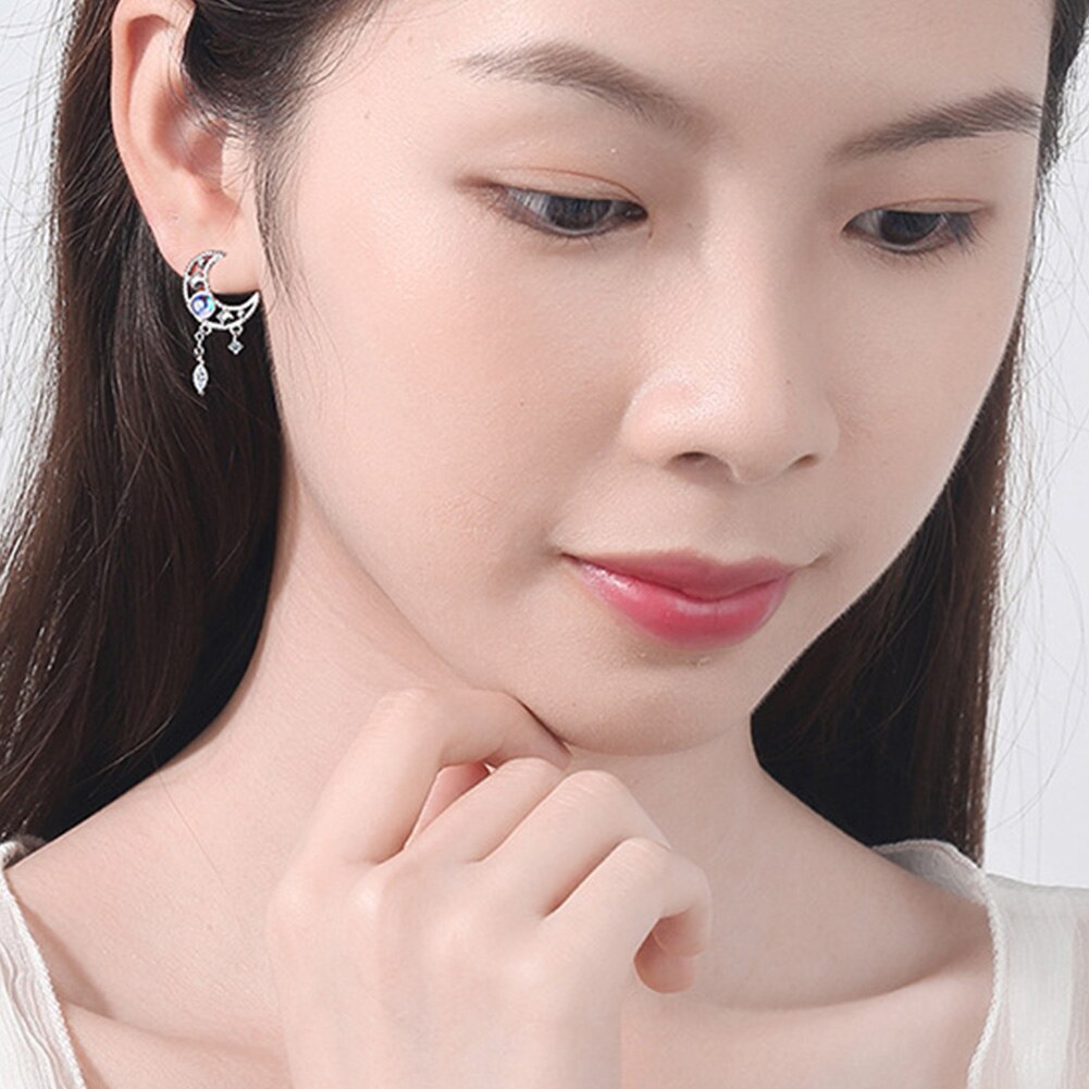925 Stamp Silver Color Jewelry Set Moon Stud Earrings For Women Wedding Necklaces Crystal Elegant Party Girl Gift