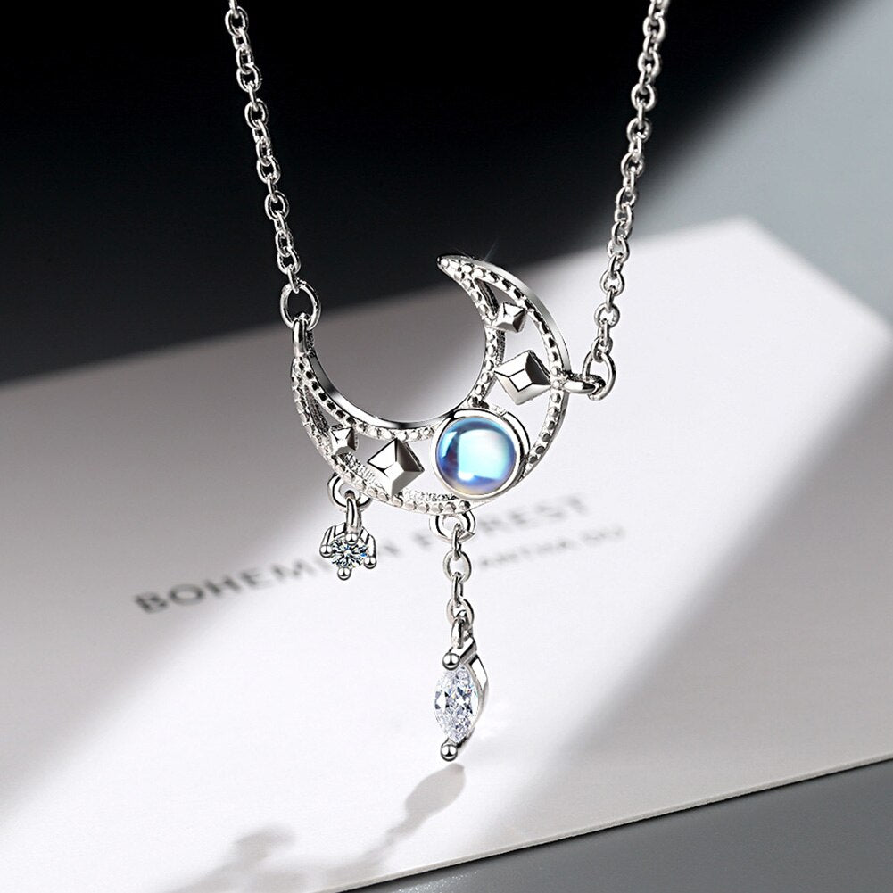 925 Stamp Silver Color Jewelry Set Moon Stud Earrings For Women Wedding Necklaces Crystal Elegant Party Girl Gift