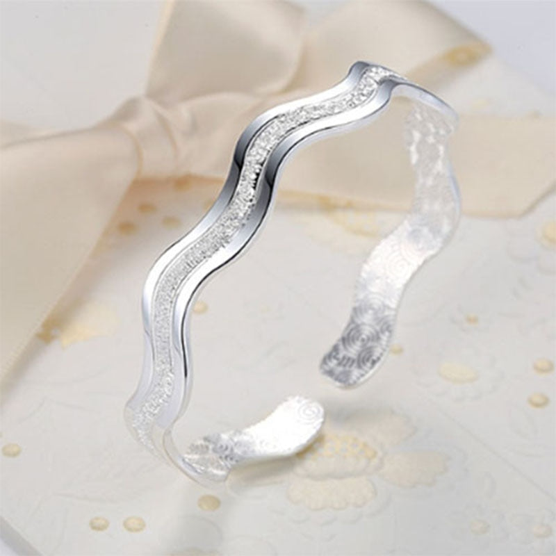 925 Stamp Silver Color Ladies Shiny Ripple Whirl Bracelet Women Men Girls Open Cuff Bangle Adjustable Gift Present Christmas