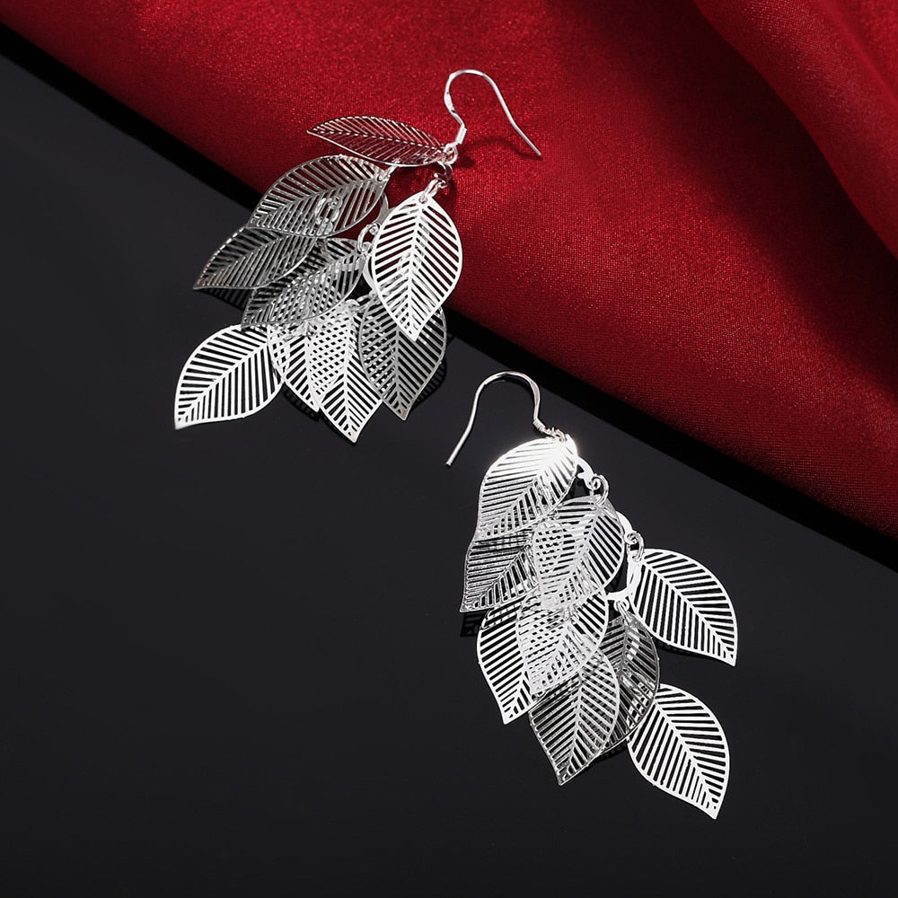 925 Stamp Silver Color Leaf Dangle Earrings For Women 2022 Trend Dangling Earrings Party Christmas Jewelry Gifts For Women
